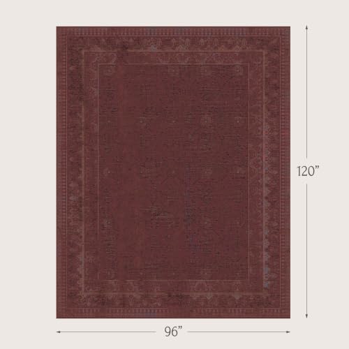 Muted Burgundy Vintage Washable 8x10 Area Rug for Living Room, Non-Slip Distressed Rug for Bedroom & Dining Room, Low Pile Stain Resistant Floor Carpet, Traditional Farmhouse Décor - Image 2