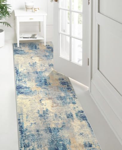 Lahome Modern Abstract Rug Runners for Hallways Non Slip, 2x7 Carpet Runner Rug for Kitchen Non Skid Washable, Soft Floor Mat for Bathroom Bedside Entrance RV, Blue/Yellow/Ivory by Lahome