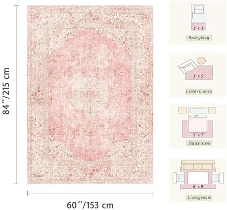 3x5 Entryway Pink Area Rugs, Vintage Floral Washable Rugs - Image 2