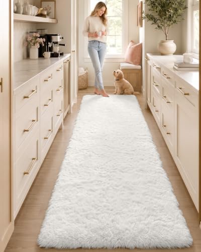 OLANLY 2x8 Machine Washable Runner Rugs for Hallway, Soft Fluffy Shaggy Bedside Rugs for Bedroom, Living Room, Indoor Floor Carpet for Kids Girls and Boys, Nursery Rooms, Home Decor Aesthetic, White by OLANLY