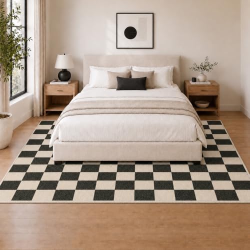 4x6 Checkered Area Rug for Living Room, Soft Low Pile Black & Beige rugs - Image 2