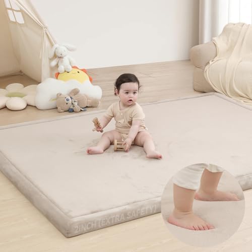Huloo Sleep 2" Extra Thick Baby Play Mat for Floor,Ultra Soft Elasti Foam Mat for Tummy Time & Crawling,Playpen,Non Slip Nursery Rug for Toddlers,Infants,kids,Tatami Style for Yoga,Playroom(Beige) by HulooSleep