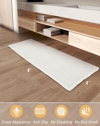 AMOAMI Waffle Runner Rug Super Absorbent Non Slip Bath Mats for Bathroom Floor, Machine Washable Bathroom Runner Rug with Tassels, Ideal for Hallway Bedroom Laundry Room, White, 2' x 5'(24" x 60") - Image 2