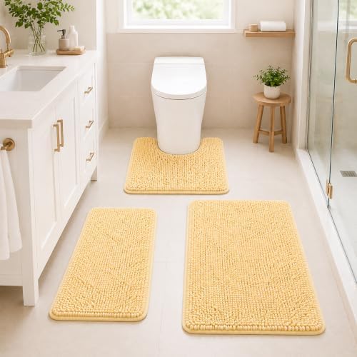 Bathroom Rugs 3 piece Bath Rugs Sets 3 Piece, Extra Soft and Absorbent Shaggy Bathroom Mat Rugs, Machine Washable, Non-Slip Plush Carpet Butter Yellow by RUNHELIX
