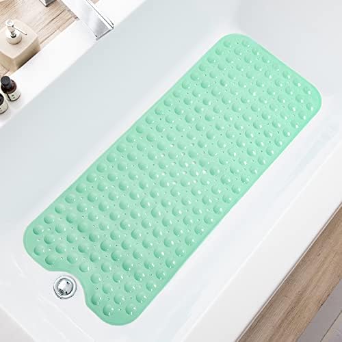 TEESHLY Bath Tub and Shower Mats, Non-Slip 39 x 16 Inch Extra Long Bathtub Mat, Machine Washable BathMat with Drain Holes, Suction Cups for Bathroom (Opaque Pale Green) by TEESHLY