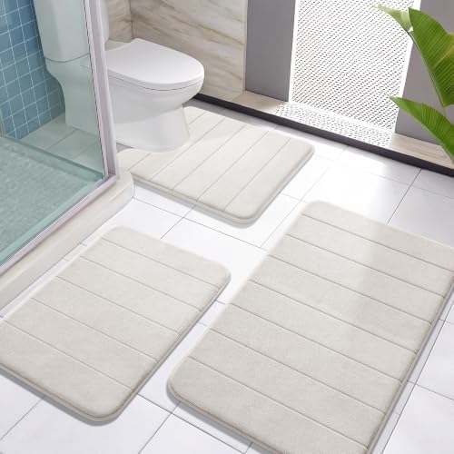 Yimobra Memory Foam Bath Mat Set 3 Pieces- Super Soft Absorbent Quick Dry Bathroom Rug Sets, Machine Washable Non Slip Floor Carpet for Tub Shower, Vanity & Toilet Base, Cream White by Yimobra
