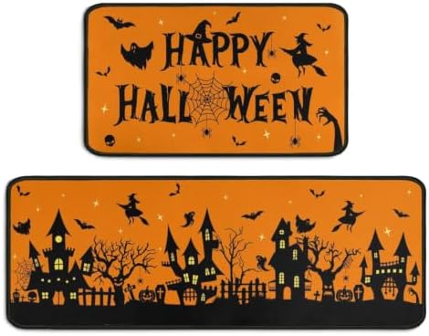 Halloween Kitchen Rugs and Mats Set of 2,Scary Pumpkin Ghost Witch Floor Mats,Non Slip Washable Anti Fatigue Kitchen Runner Rug for Kitchen Sink Front Laundry Room Halloween Decor,17x30+17x47In by Twyt+decor