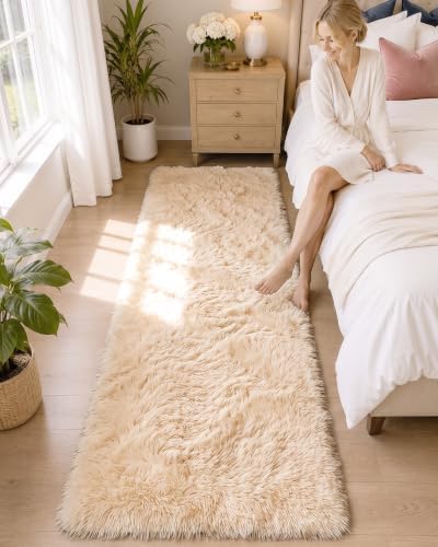 OLANLY 2x5 Machine Washable Runner Rugs for Hallway, Soft Fluffy Shaggy Bedside Rugs for Bedroom, Living Room, Indoor Floor Carpet for Kids Girls and Boys, Nursery Rooms, Home Decor Aesthetic, Beige - Image 3