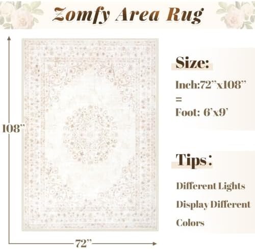 Area Rug 6x9 Vintage Rug: Washable Indoor Medallion Rugs Low Pile Distressed Floor Carpet Retro Accent Rug for Living Room Bedroom Kitchen Dining Table Home Office(Distressed Beige, 6'x9') - Image 2