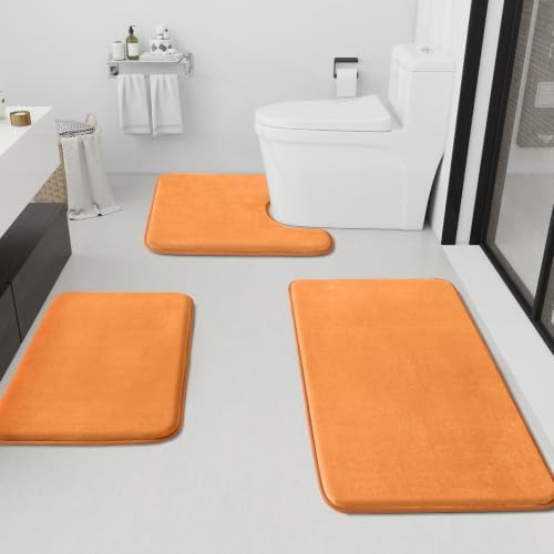 HUXMEYSON Bathroom Rugs Sets 3 Piece, Non-Slip & Quick Dry Bath Mat Set, Ultra Soft Velvet Bath Rugs for Bathroom, Toilet and Shower Floor, Orange by HUXMEYSON