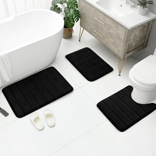 BYSURE Black Memory Foam Bathroom Rug Set 3 Piece 17"x24"+20"x32"+U Shape 20"x24" - Image 6
