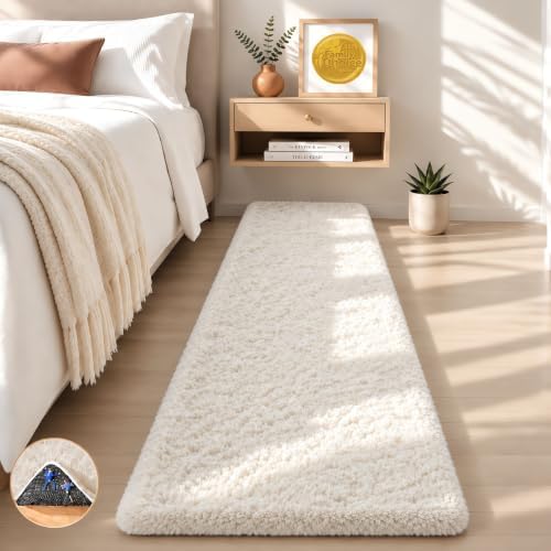 Ophanie 2x8 Runner Rug for Hallway, Upgrade Non-Slip Fluffy Soft Bedside Rugs, Bedroom Living Room Ivory Shaggy Carpet for Kids Dorm Home Decor with Over 99 pcs Pile fibers by Ophanie
