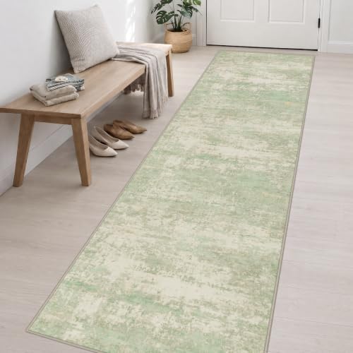 3x14 Washable Runner Rug：Modern Abstract Soft Carpet Green Cream - Image 3