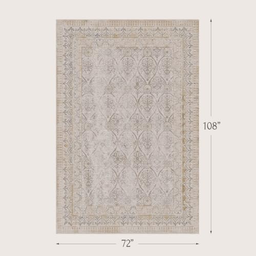 Ivory Vintage Washable 6x9 Area Rugs for Living Room, Non-Slip Distressed Rug for Dining Room & Bedroom, Low Pile Stain Resistant Floor Carpet, Modern Farmhouse Décor - Image 2