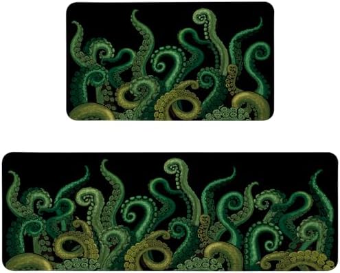 Funny Octopus Tentacle Kitchen Rugs Sets of 2 Non Slip Washable, Black Cthulhu Kraken Kitchen Mats for Floor 2 Piece Home Decor by Unknown
