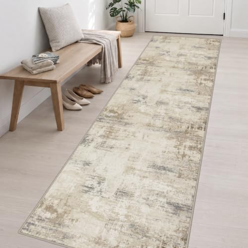 3x14 Washable Runner Rug：Modern Abstract Soft Carpet Beige Brown - Image 3