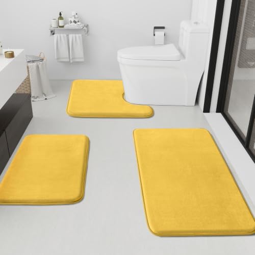 HUXMEYSON Bathroom Rugs Sets 3 Piece, Non-Slip & Quick Dry Bath Mat Set, Ultra Soft Velvet Bath Rugs for Bathroom, Toilet and Shower Floor, Yellow by HUXMEYSON