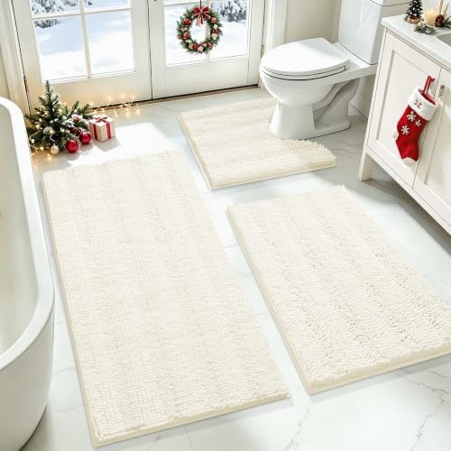 ACCUMTEK Striped Ice Cream Bathroom Rug Set 3 Pieces Ultra Soft, Non Slip Chenille Toilet Mat, Absorbent Plush Shaggy Bath Mats for Bathroom, Bedroom, Kitchen by ACCUMTEK
