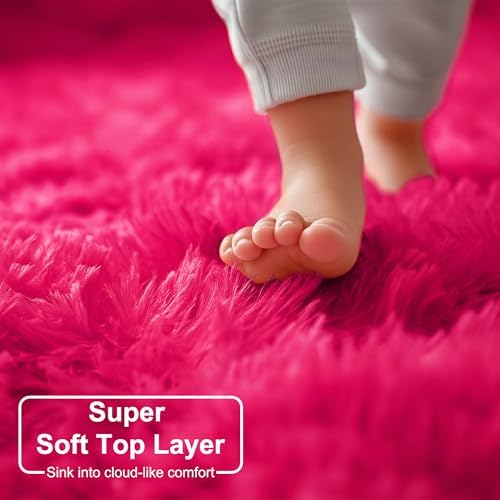 Amdrebio Hot Pink Shaggy Small Round Rug 3Ft for Kids Girls Bedroom Nursery - Image 3