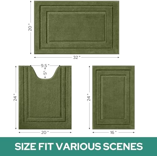 HOMEIDEAS Olive Green Bathroom Rugs Set of 3, Non Slip Bath Mats - Image 2