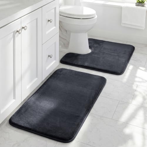 HUXMEYSON Bathroom Rugs Sets 2 Piece, Non-Slip & Quick Dry Bath Mat Set, Ultra Soft Velvet Bath Rugs for Bathroom, Toilet and Shower Floor, Dark Grey by HUXMEYSON