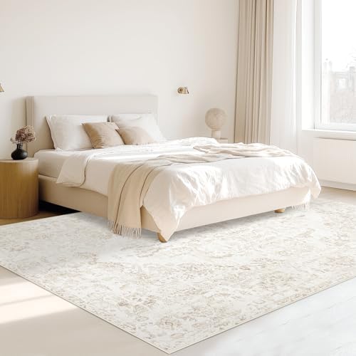 5x7 Area Rugs for Living Room: Washable Rug Vintage Large Rugs Soft Non Slip Low Pile Rug Floral Distressed Floor Carpet for Bedroom Kitchen Nursery Dining Room Home Office (Beige, 5'x7') - Image 3