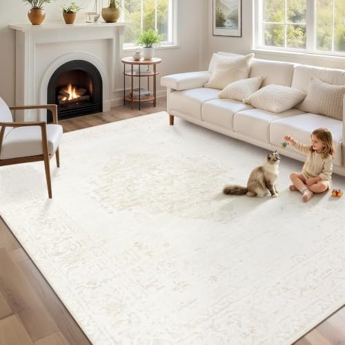 6x9 Area Rugs for Living Room: Washable Vintage Large Retro Rug Soft Non-Slip Indoor Low Pile Carpet for Bedroom Dining Room Nursery Office (Beige, 6'x9') by TENGTENGLINK