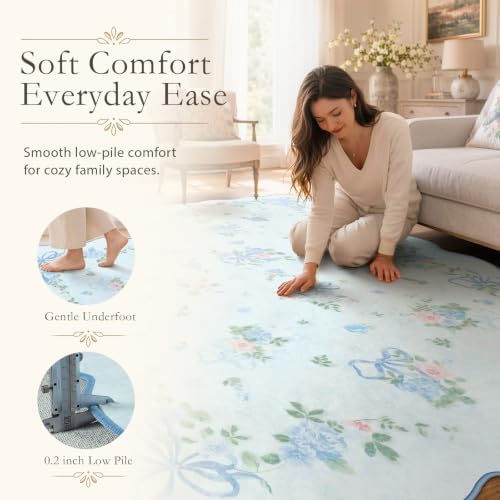 Wonnitar 4x6 Area Rug for Kids Bedroom, Washable Boho Blue Bow Floral Rug - Image 2