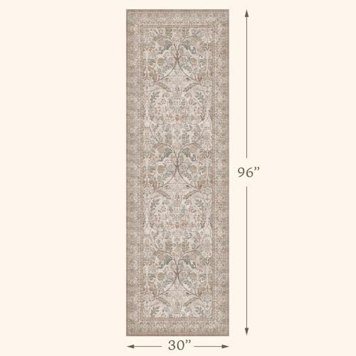 Vintage Moss Green 2‘6“x8’ Kitchen Runner Rug Non Slip - Washable Long Hallway Rug, Thin Neutral Taupe Traditional Decor Runner for Laundry Room, Bathroom, Entrance - Image 2
