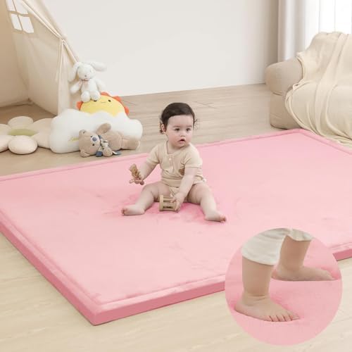 Huloo Sleep Ultra Soft Baby Play Mat for Floor, 1.3" Thick Elasti-Foam 65x50 Play Mat for Playpen,Water-Repellent Coral Velvet for Tummy Time, Non-Slip Backing,Safe for Toddlers & Infants（Pink） by HulooSleep