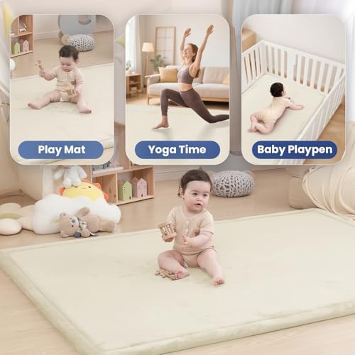 Huloo Sleep Ultra Soft Baby Play Mat for Floor, 1.3" Thick Elasti-Foam 65x50 Play Mat for Playpen,Water-Repellent Coral Velvet for Tummy Time, Non-Slip Backing,Safe for Toddlers & Infants（Cream） - Image 5