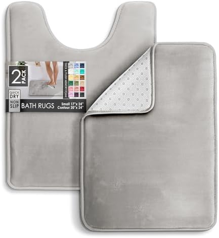 Clara Clark 2 Piece Bathroom Rugs, Velvet Memory Foam Bath Mat Set, Non-Slip Bath Rugs, Machine Wash, Dries Quickly, Ultra Soft Plush Bath Mats for Bathroom, 17 x 24 + Contour, Silver - Image 3
