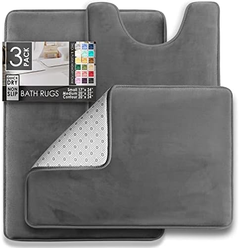 Clara Clark 3 Piece Bathroom Rugs Bath Mat Set, Velvet Memory Foam Bath Mats for Bathroom - Non-Slip, PVC Backing Bath Rugs, Washable - Dries Quickly, Grey - Image 2