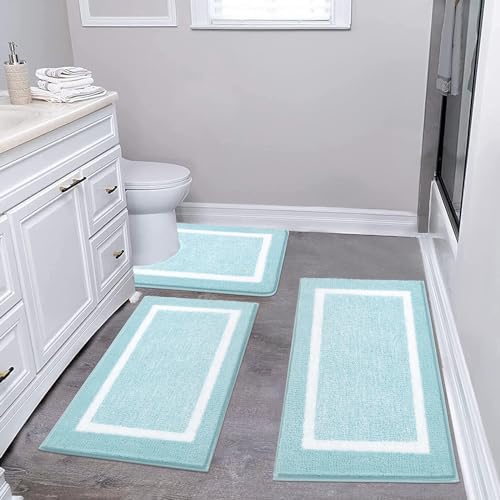 Pauwer 3 Piece Bathroom Rug Set, Non Slip Washable Bath Mat, Light Blue by Pauwer