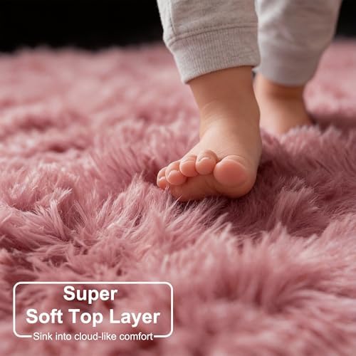 Amdrebio Blush Pink Big Round Fluffy Rug 7Ft for Living Room Girls Bedroom - Image 4