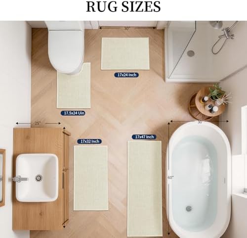 YIHOUSE Beige Bathroom Rugs Sets 4 Piece, Quick Dry Thin Bath Mat with Toilet Rug, Non Slip Absorbent Machine Washable, Bath Runner Rugs for Bathtub Sink Home Decor - Image 2