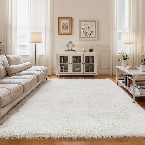 5x8 Cream White Fluffy Shag Rug for Living Room, Plush Carpet by KICHOWUA