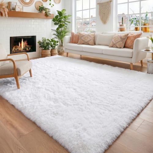 Amdrebio White Fluffy Fuzzy Furry Area Rug 4x6 for Bedroom Dorm Living Room by Amdrebio