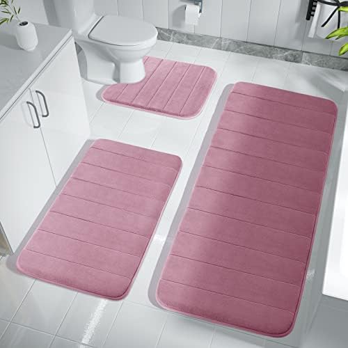 Yimobra 3 Pieces Memory Foam Bath Mat Set with U-Shaped Toilet Rug - Non-Slip Super Soft Absorbent Quick Dry Bathroom Rugs for Bathtub, Vanity & Toilet Base, Mauve by Yimobra