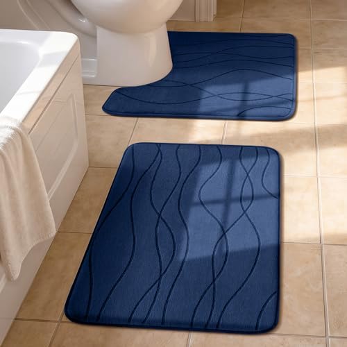YIHOUSE Bathroom Rugs Set 2 Piece, Memory Foam Bath Mat Navy Blue by YIHOUSE