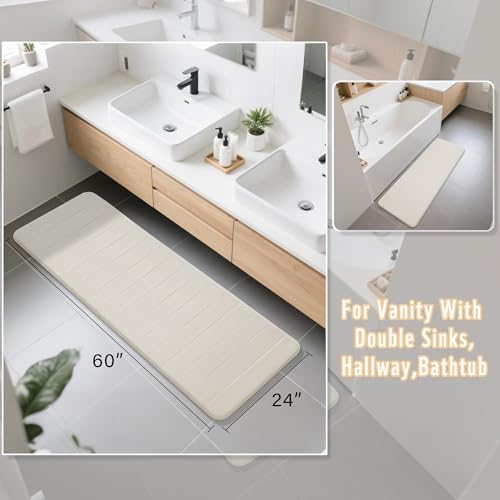 Yimobra Bathroom Runner 60"x24", Non Slip Memory Foam Bath Mat, Super Soft Water Absorbent Hallway Carpet, Machine Washable Rug for Vanity Tub Shower, Cream - Image 2