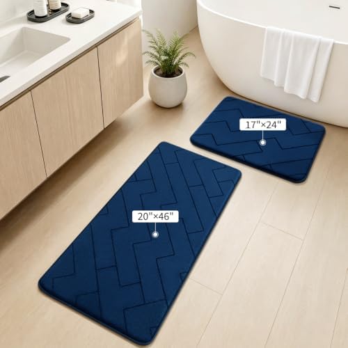 YIHOUSE 2 Piece Memory Foam Bathroom Rug Set, Dark Blue, 17"x24"+20"x46" - Image 2