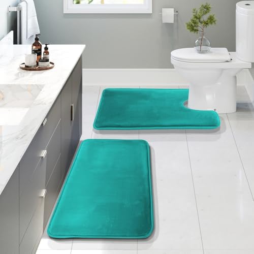 Clara Clark 2 Piece Bathroom Rugs, Velvet Memory Foam Bath Mat Set, Non-Slip Bath Rugs, Machine Wash, Dries Quickly, Ultra Soft Plush Bath Mats for Bathroom, 20 x 32 + Contour, Teal Blue by ClaraClark