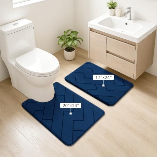 YIHOUSE 2 Piece Memory Foam Bathroom Rug Set, Dark Blue, 17"x24"+20"x24"U - Image 2