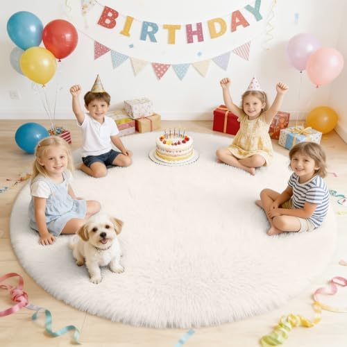 OLANLY Ivory Round Rugs for Bedroom - Machine Washable, 6 ft Circle Area Rugs for Living Room, Soft and Fluffy Shaggy Carpet for Teen Girls and Boys, Nursery Rooms, Dorms, Home Decor Aesthetic - Image 3