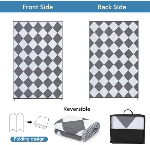 GAOMON 9x18 Plastic Straw Rug Outdoor Rugs for Patio Waterproof Reversible Mat Modern Bordered Camping Rug for Porch RV Backyard Pool Deck Picnic Beach Trailer Trellis-Grey/White - Image 4