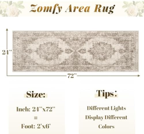 Area Rug 2x6 Runner Rugs: Washable Vintage Hallway Rug Indoor Medallion Rugs Low Pile Distressed Floor Carpet Retro Accent Rug for Kitchen Bedroom Bathroom Dining Room(Taupe, 2'x6') - Image 2