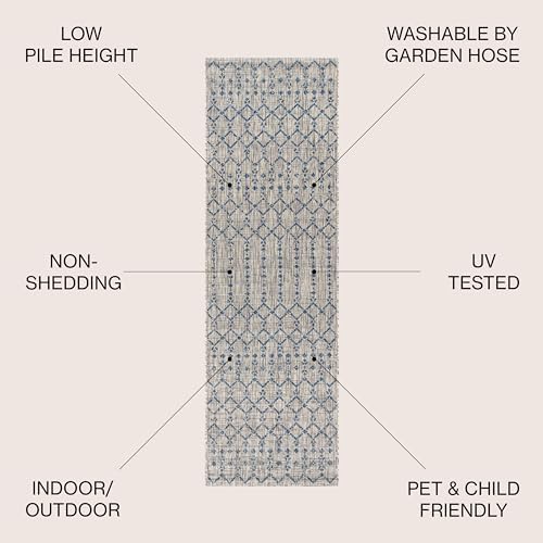 JONATHAN Y Moroccan Geometric Indoor Outdoor Runner Rug 2X20 Light Gray/Navy, Ourika Textured Weave for Backyard, Patio, Porch, Easy-Cleaning, High Traffic, Pet-Friendly, Non-Shedding (SMB108A-220) - Image 2