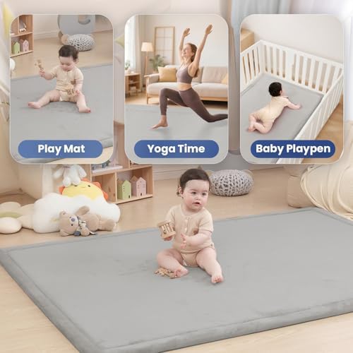 Baby Play Mat for Floor,1.3" Thick Elasti-Foam 74×50 Playpen Mat for Toddlers Infant Kids,Water-Repellent Soft Coral Velvet for Tummy Time, Non-Slip Backing for Crawling,Tatami Style(Light Grey) - Image 6