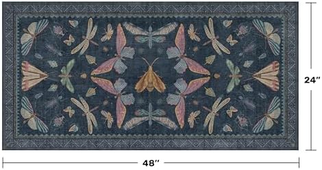 Dark Blue 2x4 Non Slip Bathroom Rug, Washable Vintage Boho Insect Carpet for Kitchen Floor, Entryway & Powder Room, Low Pile Indoor Aesthetic Rug - Image 2